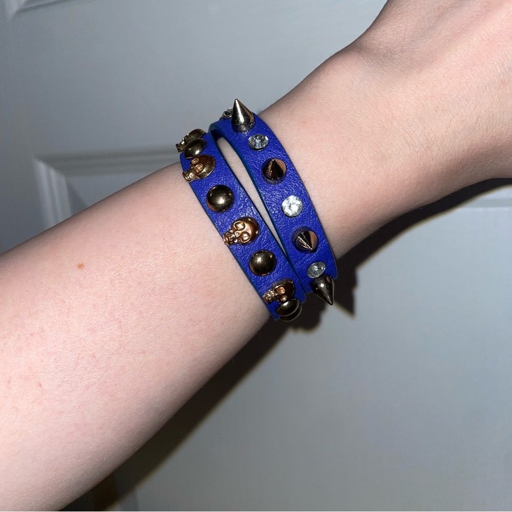Blue Skull Studded Leather Wrap Bracelet